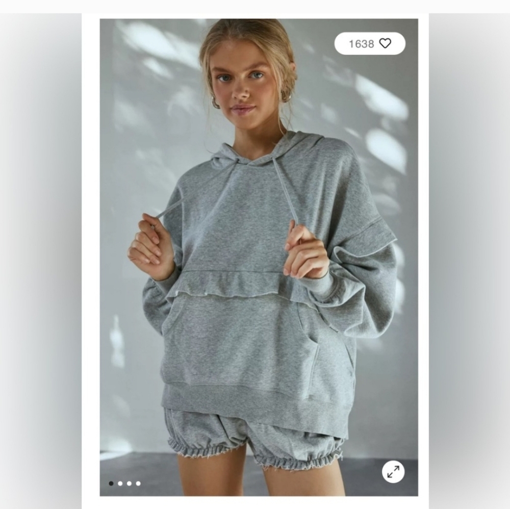 UO Out From Under Grey Hoodie With Ruffle Detail